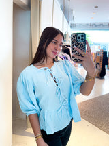 Waffle Bluse mit Schleifen Hellblau