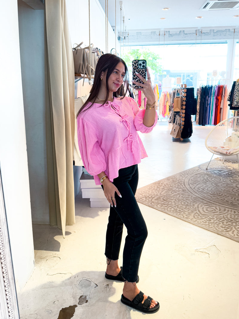 Waffle Bluse mit Schleifen Pink