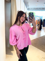 Waffle Bluse mit Schleifen Pink