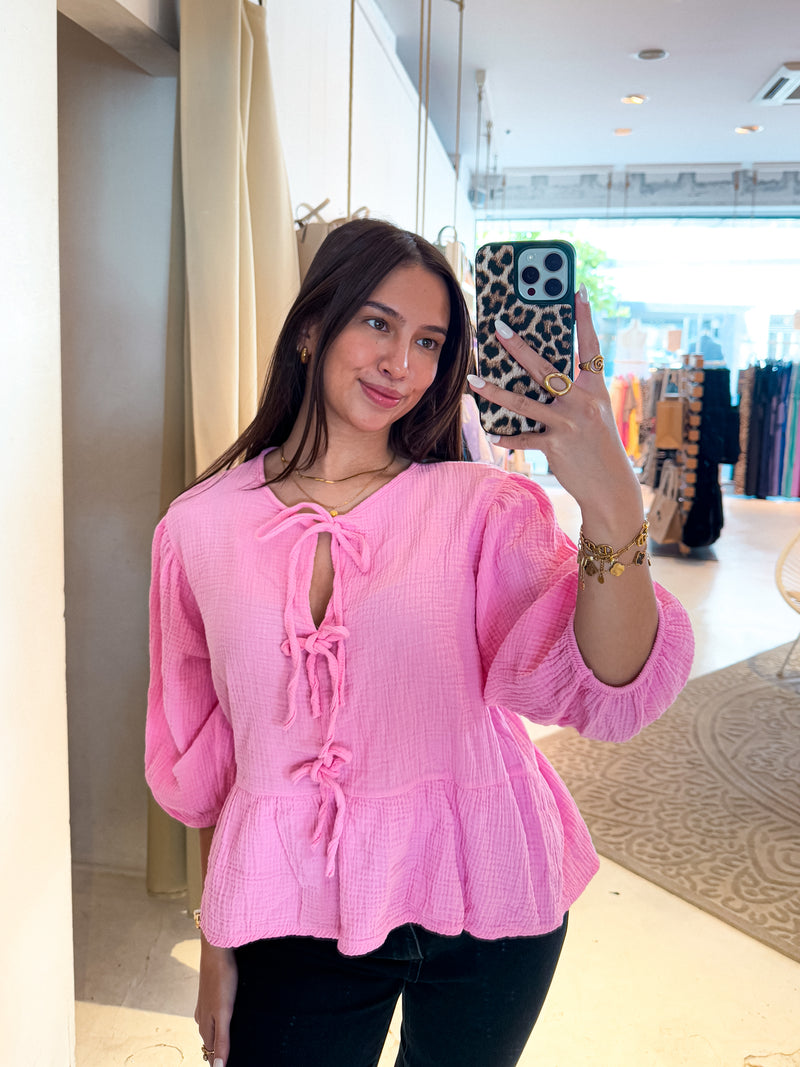 Waffle Bluse mit Schleifen Pink