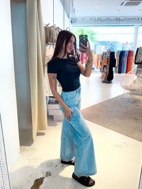 Wide Leg Jeans mit Steinchen Hellblau Neu