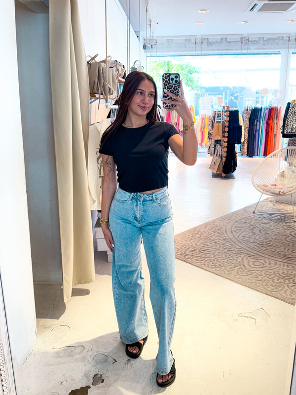 Wide Leg Jeans mit Steinchen Hellblau Neu