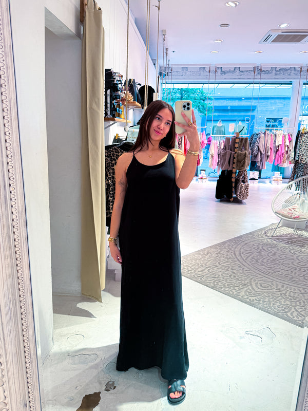 Maxikleid mit Spaghettiträgern Schwarz