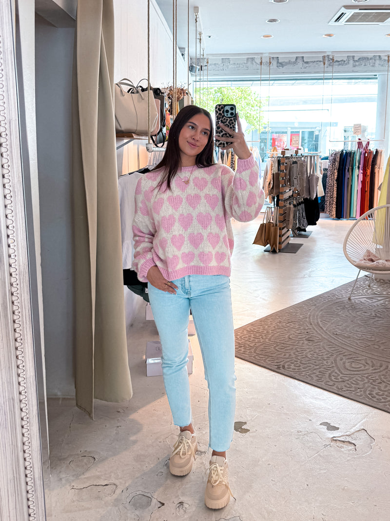 Oversized Strickpullover mit großen Herzen Rosa