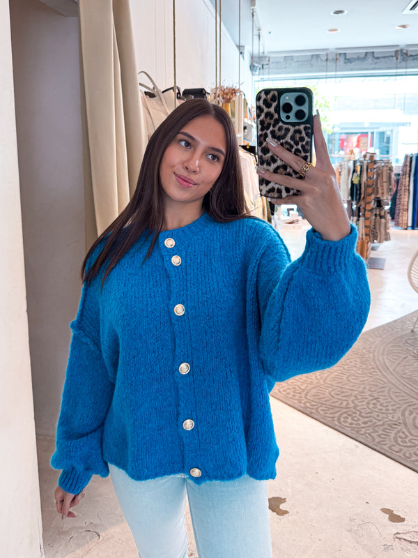 Kurze Oversized Strickjacke Royalblau