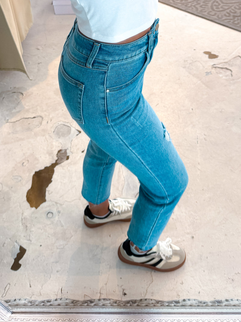 Mom Jeans Destroyed Blau