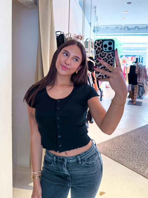 Cropped Button Up Rib Tee Schwarz