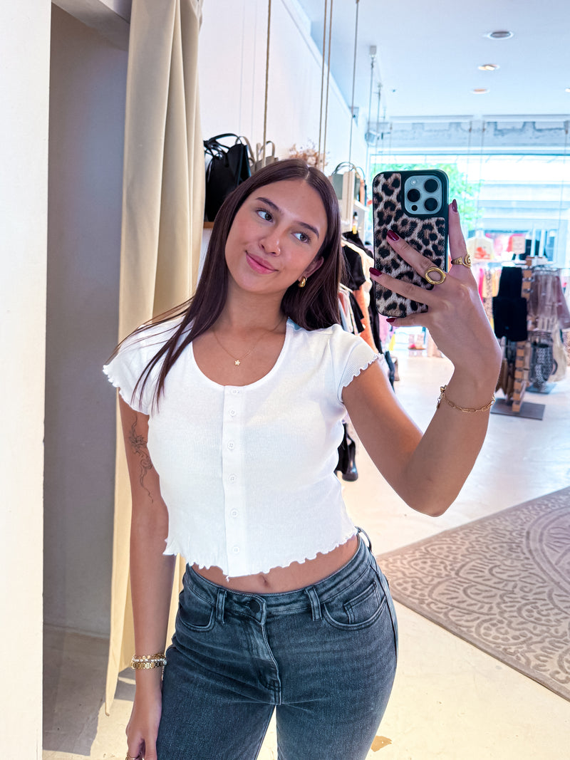 Cropped Button Up Rib Tee Weiß