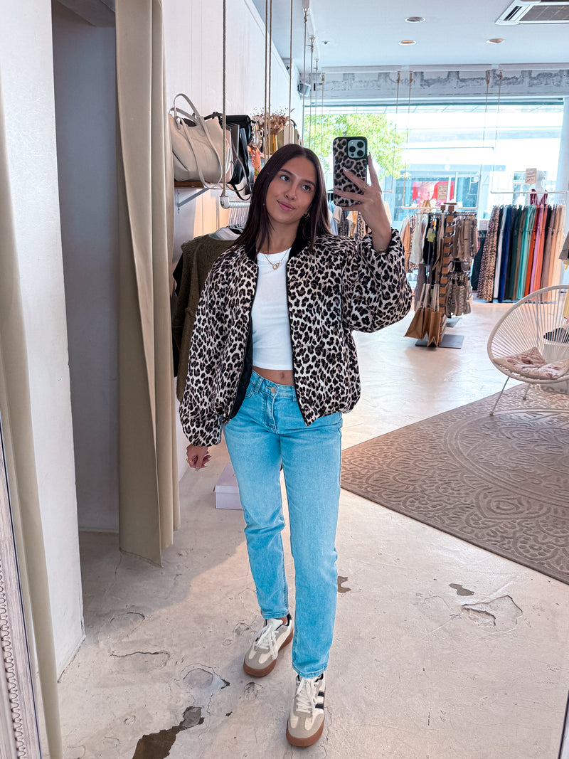 Bomberjacke mit Leomuster Beige