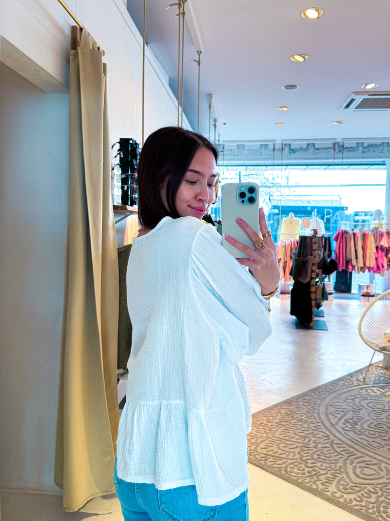 Waffle Bluse mit Schleifen Weiß