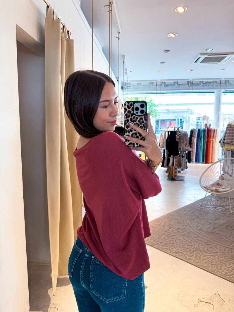 Dünner Strickpullover Weinrot