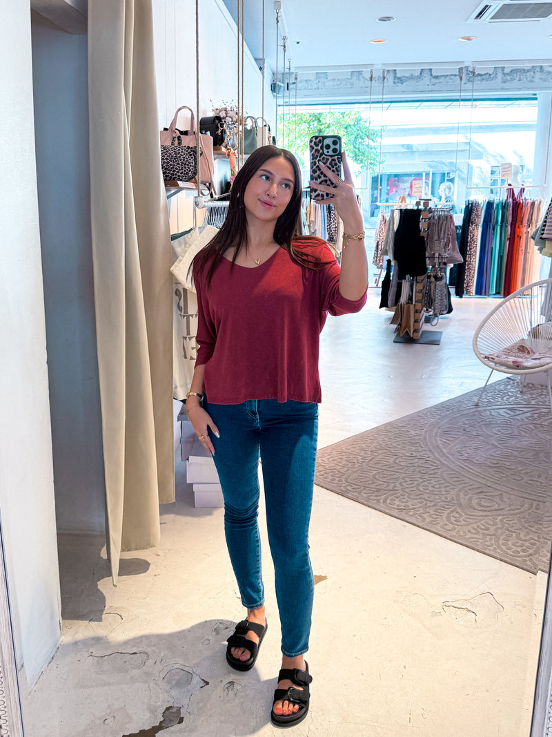 Dünner Strickpullover Weinrot