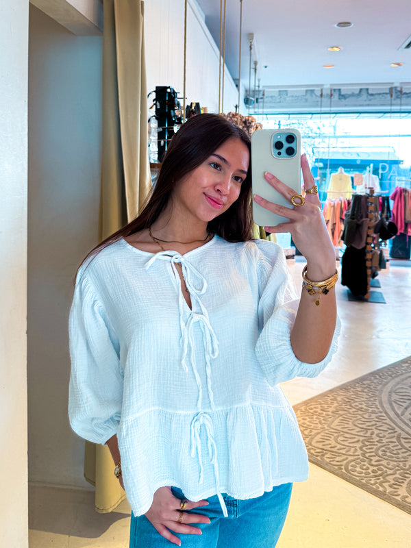 Waffle Bluse mit Schleifen Weiß
