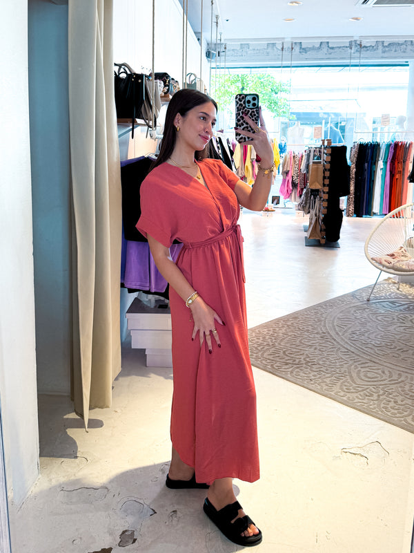 Maxikleid mit Gürtel Terrakotta