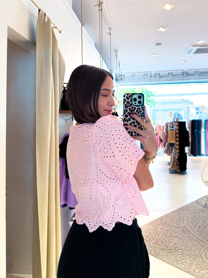 Bluse mit Lochstickerei Rosa