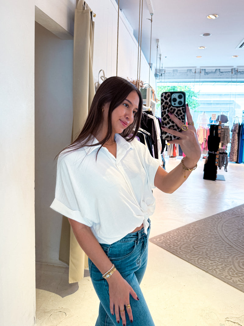 Cropped Bluse mit Knoten Weiß