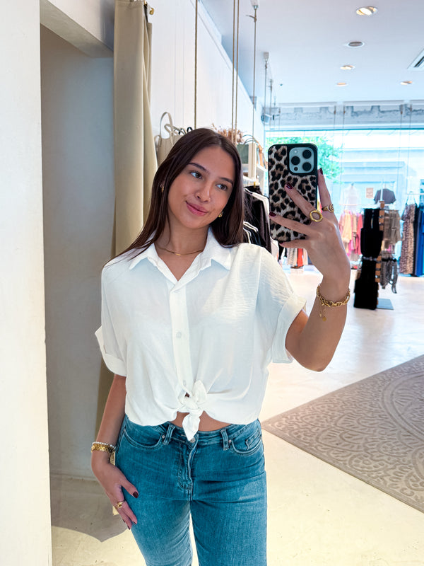 Cropped Bluse mit Knoten Weiß