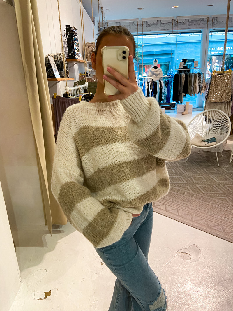 Oversized Strickpullover gestreift Beige/Taupe